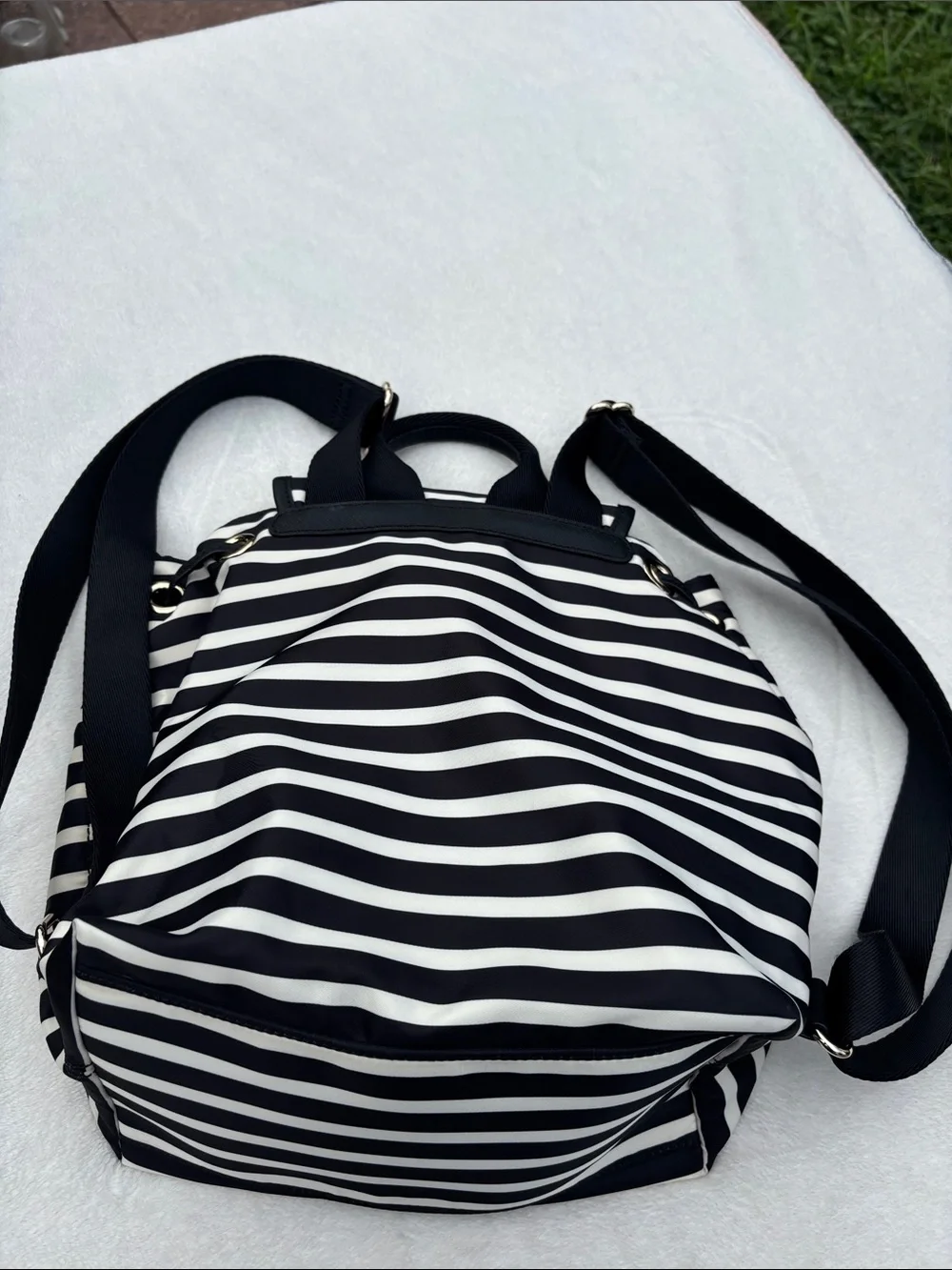 kate spade Black and White Striped Nylon Drawstring Backpack